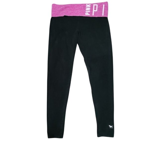 Victorias Secret PINK Full Length Slim FoldOver Y2K 2015 Black Pink Womens Large - Picture 1 of 14